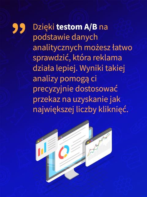 Dzięki testom A/B na podstawie danych analitycznych możesz łatwo sprawdzić, która reklama działa lepiej. Wyniki takiej analizy pomogą ci precyzyjnie dostosować przekaz na uzyskanie jak największej liczby kliknięć.
